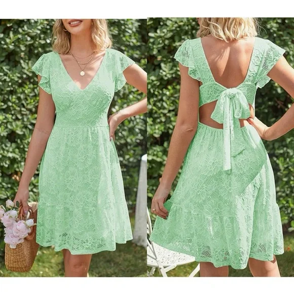 Merokeety Dresses | Merokeety V Neck Sleeve Dress Floral Lace Tie Back A Line Dresses, Mint Color, S | Color: Green | Size: S | Victoriakashkin's